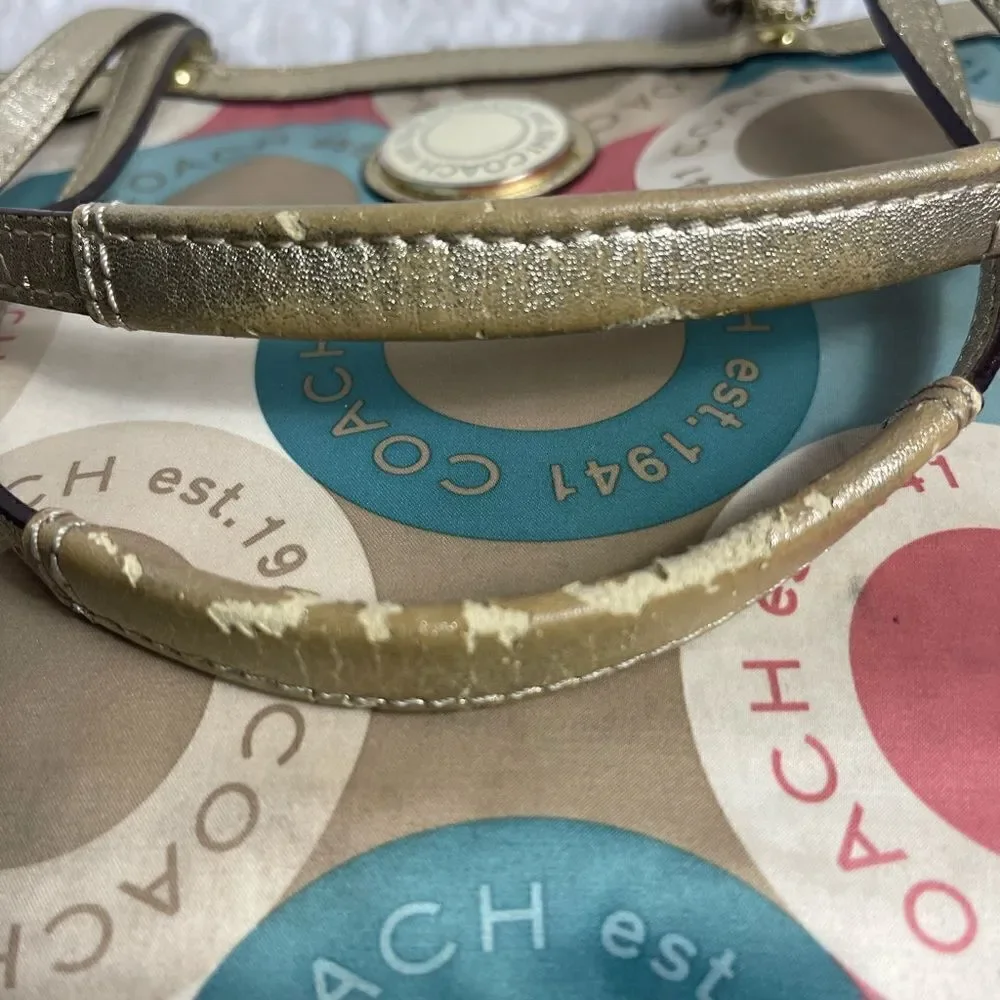 Coach satin scarf print 1941 beige ,khaki,peach & mint green color small tote. - Picture 10 of 16
